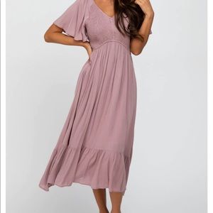 Mauve Smocked V-Neck Maternity Midi Dress